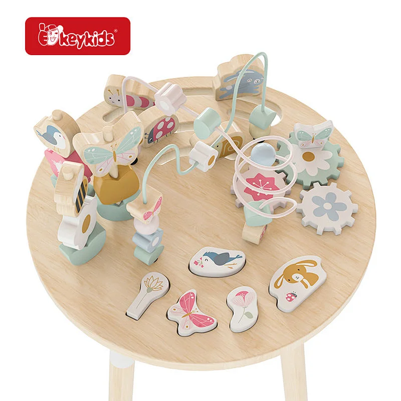 OEM Wooden Activity Table with Push Track, Stacking Toys, Bead Maze, and Gears for Kids Ages 12 Months W11B315