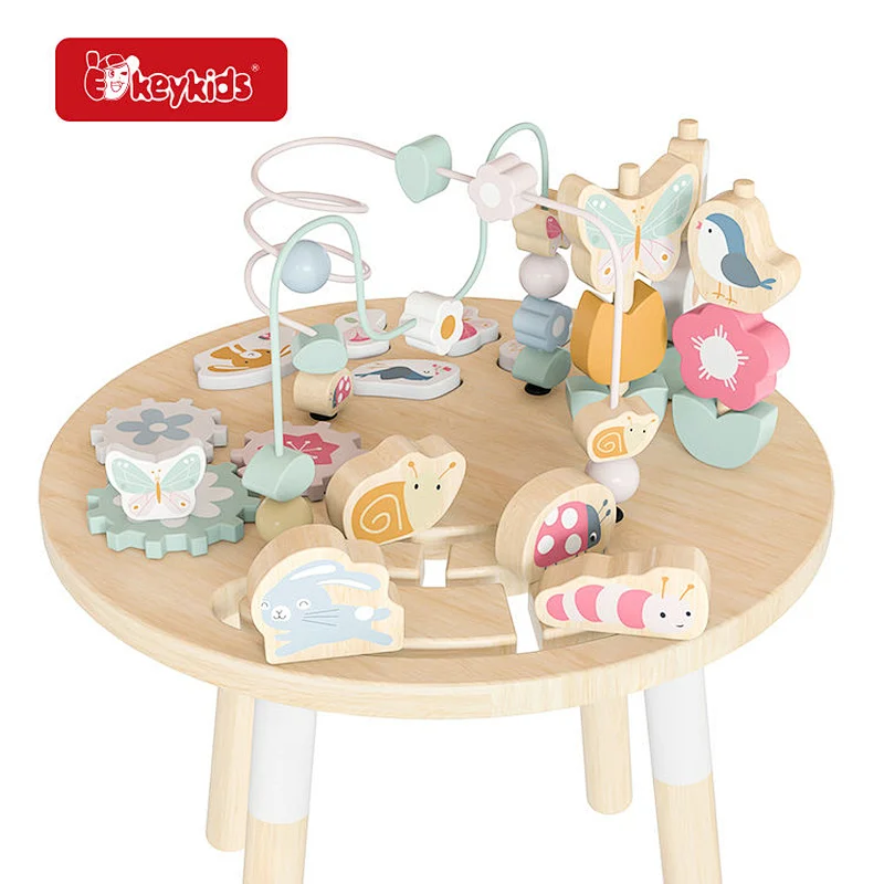 OEM Wooden Activity Table with Push Track, Stacking Toys, Bead Maze, and Gears for Kids Ages 12 Months W11B315